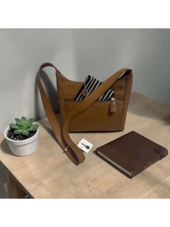 The Sak Handbags - The Sak Slim Pack Brown Leather Shoulder Bag + Essential Crochet Zipper Pouch NW